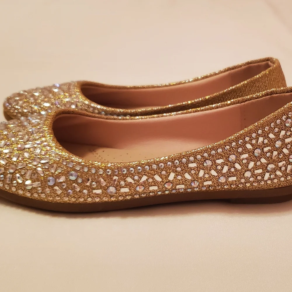 Girl's 2 Link Comfort Gold w/ Rhinestones Ballet Flat